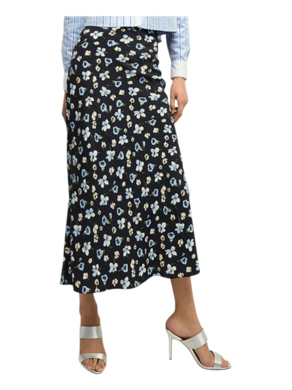 Veronica Beard Clover Floral Silk Blend Midi Skirt Size 4 Navy Luxury Silky - Picture 4 of 15